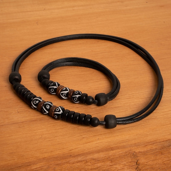 Leather Necklace Bracelet Surf Surfer Style Jewelry Set Surf