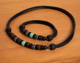 Surfer style jewelry set Surf jewelry Leather necklace bracelet Surf Mens Womens handmade by HANA LIMA ®