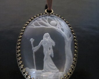 Intaglio Hand-carved Jewelry Glass Pendant "Priestess of Moonlight"