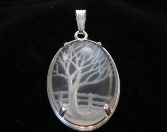 Hand-carved Intaglio Quartz Pendant "Winter Farm"