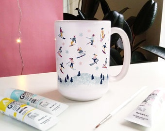 Cute Winter mug /// Ski mug / Holiday mug / Christmas mug / Christmas gift / Snowboard mug / Gouache painting / Apres ski