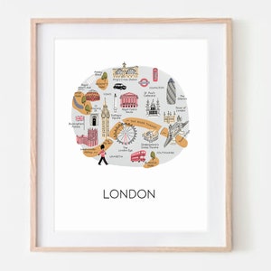 London Illustrated Map Art Print / london wall art london map art british art print england art union jack print london city map travel art image 2