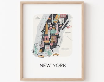 New York City Illustrated Map Art Print / New York city map New York art print New York travel illustrated city map nyc art print wall art