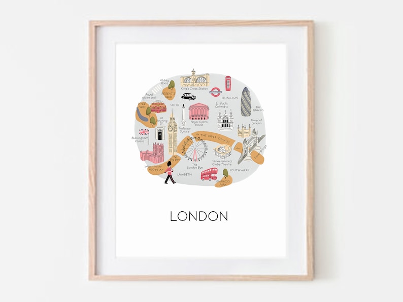 London Illustrated Map Art Print / london wall art london map art british art print england art union jack print london city map travel art image 2