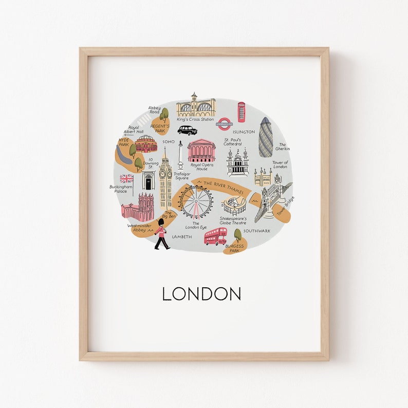 London Illustrated Map Art Print / london wall art london map art british art print england art union jack print london city map travel art image 1