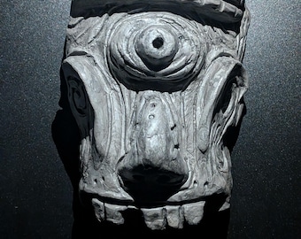 BASIN GHOST Clay Demon Mask - Handmade Yokai Sculpture, Dark Grey
