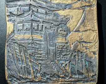 GOLDEN PAGODA Clay Relief - Handmade Japanese Sculpture, Gold/Silver, 10x10cm