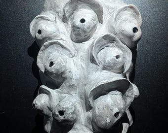GHOST EYES Clay Demon Mask - Handmade Yokai Sculpture, White