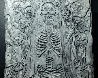 SHINIGAMI Clay Relief - Handmade Japanese Death God Sculpture, Grey, 20x20cm