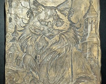 BAKENEKO Clay Relief - Handmade Japanese Ghost Cat Sculpture, Gold, 20x20cm