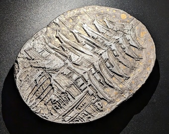 ASIA PAGODA Clay Relief - Handmade Japanese Temple, Silver/Gold, 15x11cm