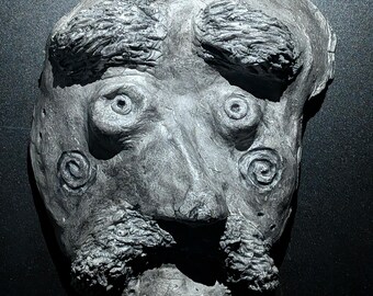 ELDER GHOST Clay Demon Mask - Handmade Yokai Sculpture, Grey