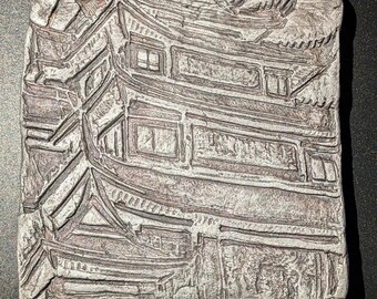PAGODA PEAK Clay Relief - Handmade Japanese Folklore, Silver/Pink, 10x10cm