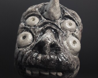 Japanese Folklore Hososhi Oni Effigy, Clay Sculpture, Silver and Black, 8.5x9x9cm