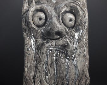 Japanese Folklore Elder Effigy, Clay Sculpture, Tarnished Silver, 15x9x4cm