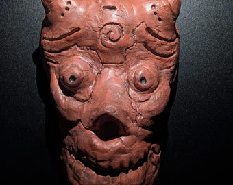 EMBER SKULL Clay Demon Mask - Handmade Yokai Sculpture, Terracotta