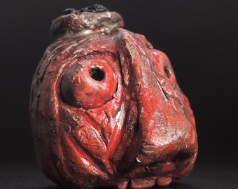 Japanese Folklore Demon Effigy, Clay Sculpture, Red and Silver, 6x7.5x7.5cm