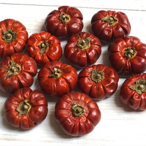 May include: A group of 12 small, round, red-brown eggplant-like vegetables with a wrinkled texture. The vegetables are arranged in a circle on a white wooden surface.