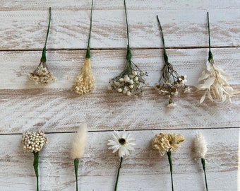 Dried Flower Hair Pins/Wires in shades of White.