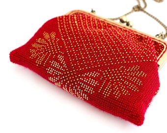 Red beaded purse in gold glass beads and crystals with Swarovski elements / Evening Purse / Clutch