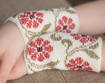 White color beaded Wrist Warmers / Arm Warmers / Hand Warmers decorated with colorful Czech beads and glass crystals