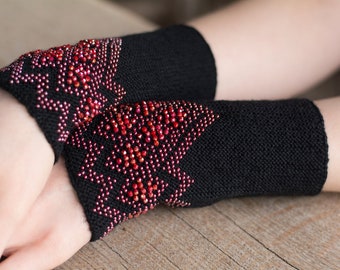 Black color decorated with pink color beads Wrist Warmers / Arm Warmers / Hand Warmers / Finger less / Gloves