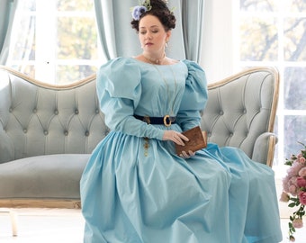 1830s Romantic Era Blue Cotton Walking Dress - Biedermeier Gown