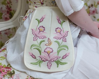 Bolso bordado do século XVIII com flores rosas. Bolso feminino georgiano.