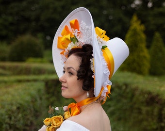 1830s Romantic Era Bonnet White Cotton  with Flower and Ribbon Trim.