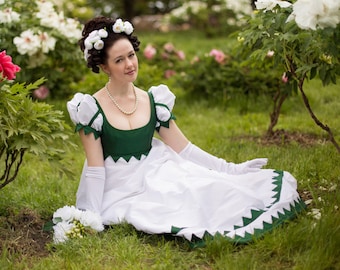Abito bianco-verde Biedermeier del 1820, abito da ballo della tarda reggenza