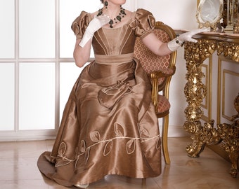 1820s Biedermeier dark beige dress, Late regency ballgown