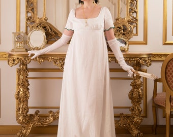 Abito Regency bianco anni 1810. Abito impero di Jane Austen
