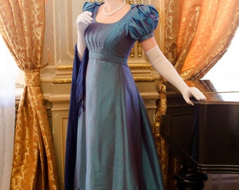1820s Biedermeier blue melange dress, Late regency ballgown