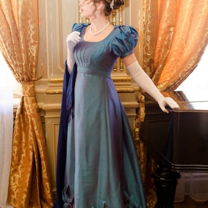 1820s Biedermeier blue melange dress, Late regency ballgown
