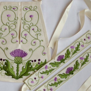 The set of embroidered Scottish stocking garters and of Georgian pocket of 18th century with thistles.