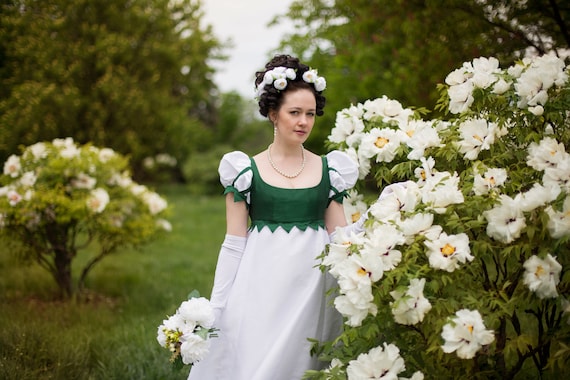 1820s Biedermeier white-green dress, Late regency ballgown 1820s Biedermeier white-green dress, Late regency ballgown