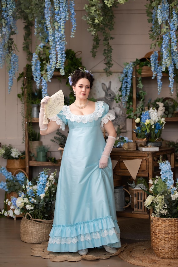 modern jane austen dress Light blue Regency ball gown. Jane Austen historical costume. 1800s Empire dress