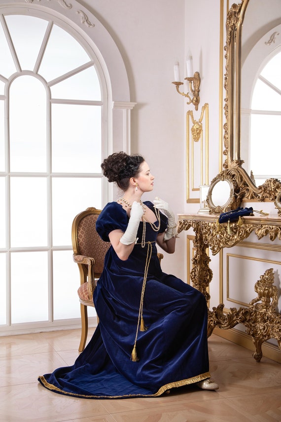 Regency royal blue velvet dress. Regency ball gown. Regency royal blue velvet dress. Regency ball gown.
