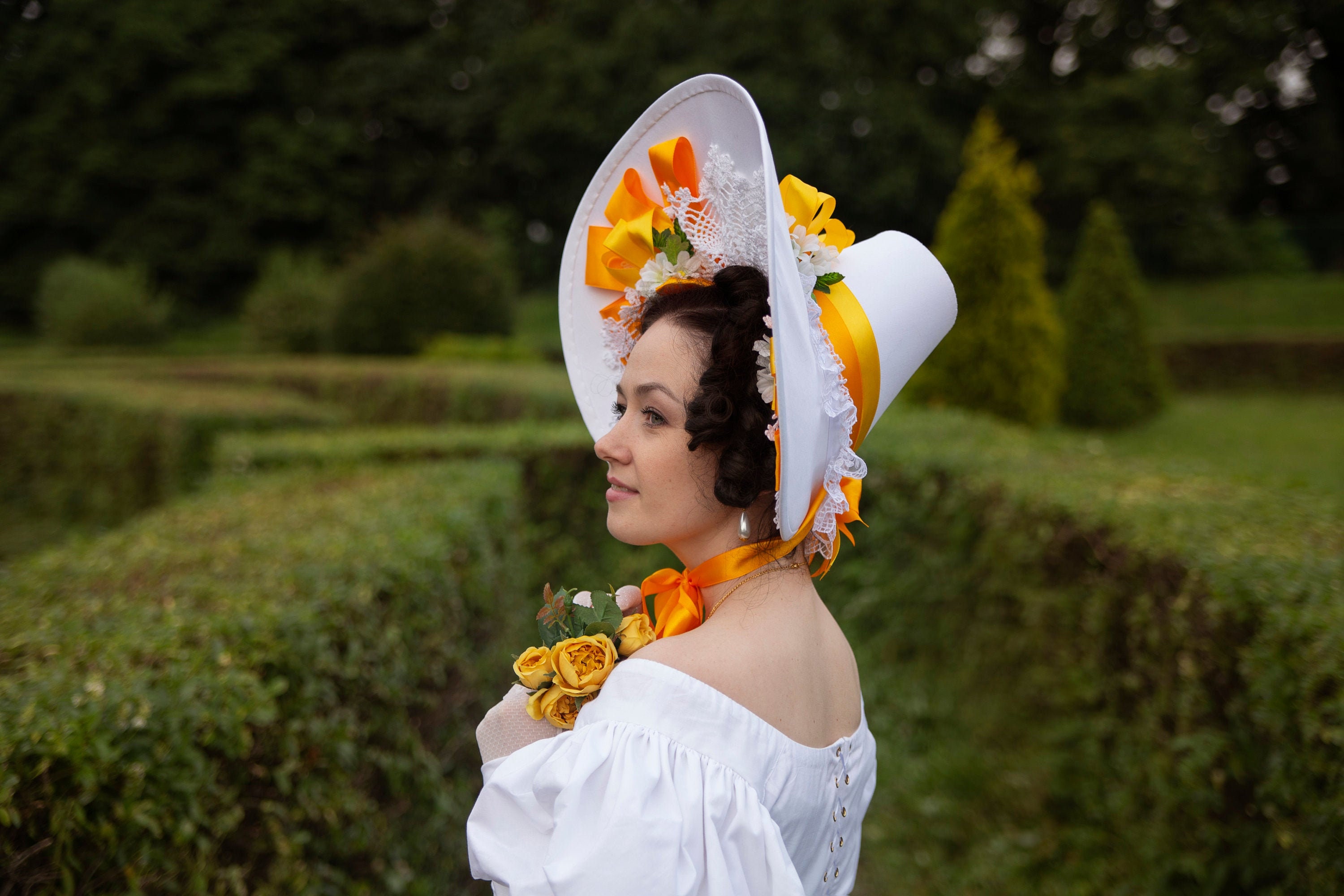 1830s Romantic Era Bonnet White Cotton With Flower and Ribbon Trim