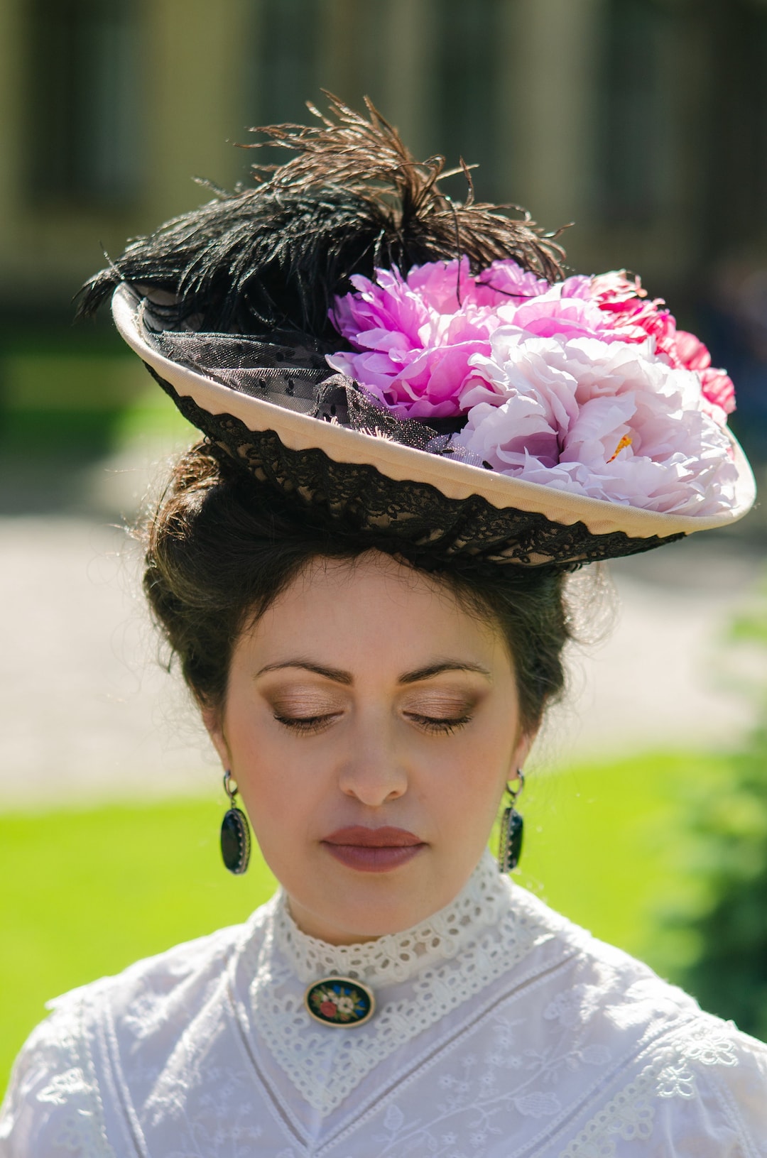 Beige Edwardian Hat With Flowers, Lace and Feathers in Belle