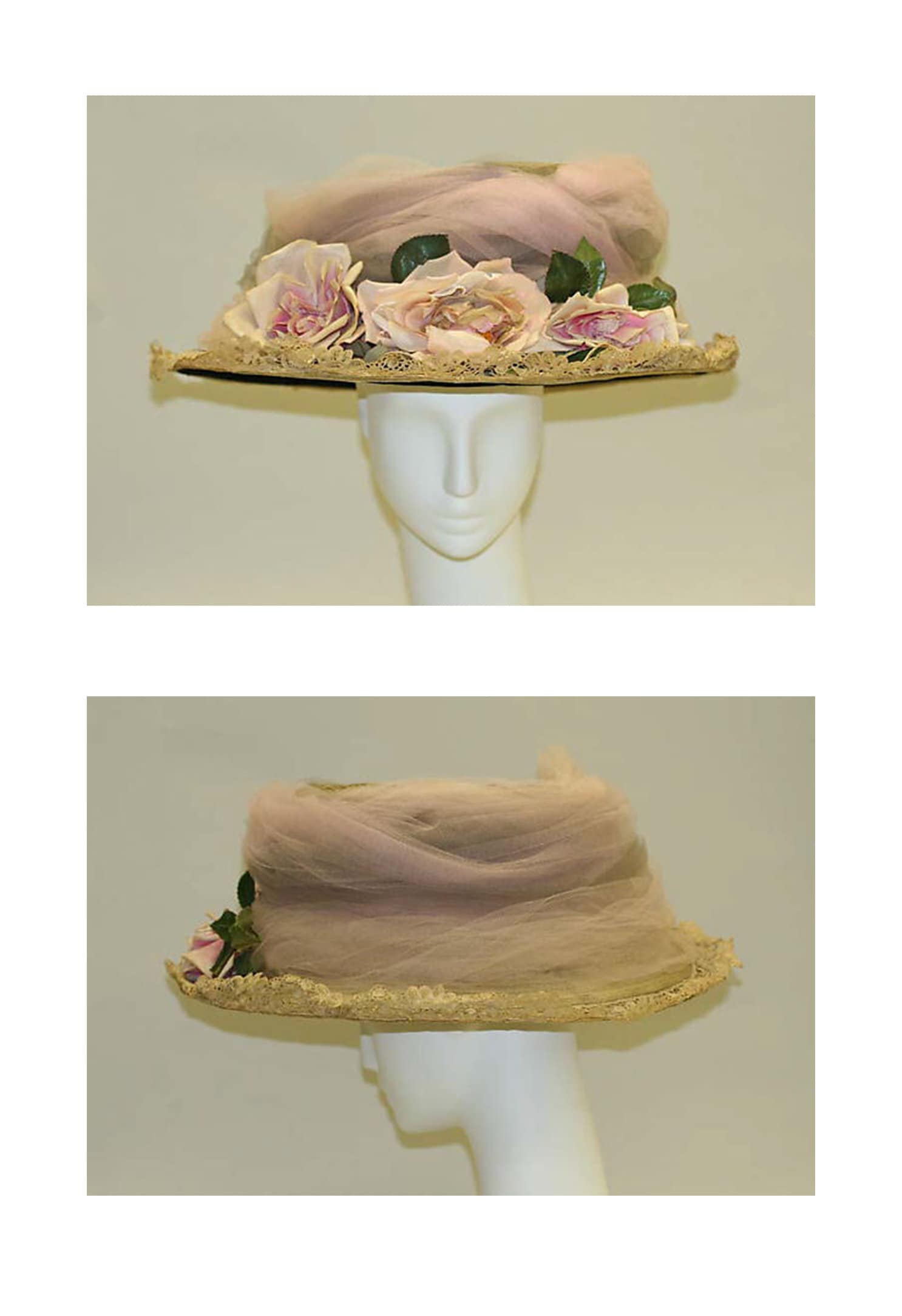 エドワード朝のつば広帽子：クリーム色の花柄チュール、歴史的レプリカ