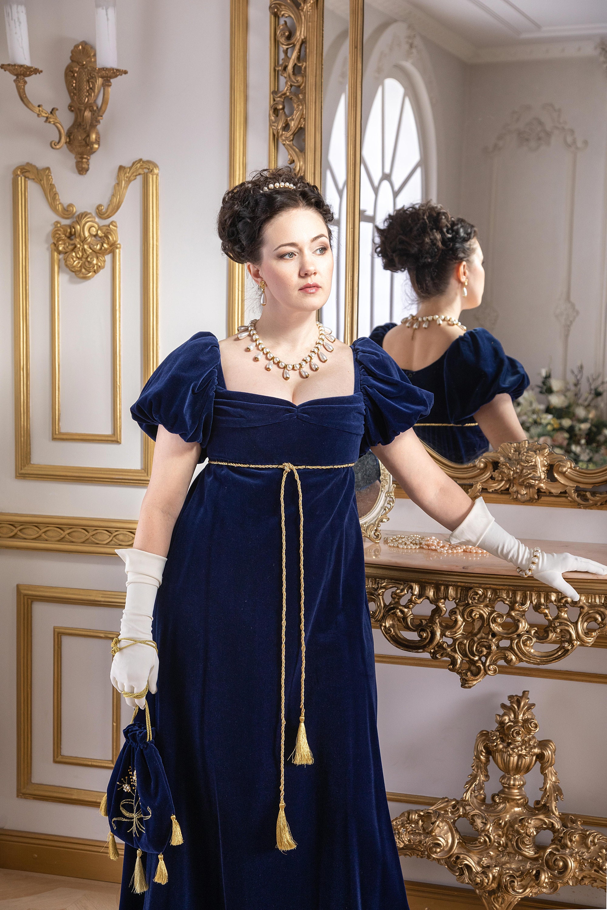 white christmas dresses Bridgerton Daphne Blue Satin Dress with Lace main image 1