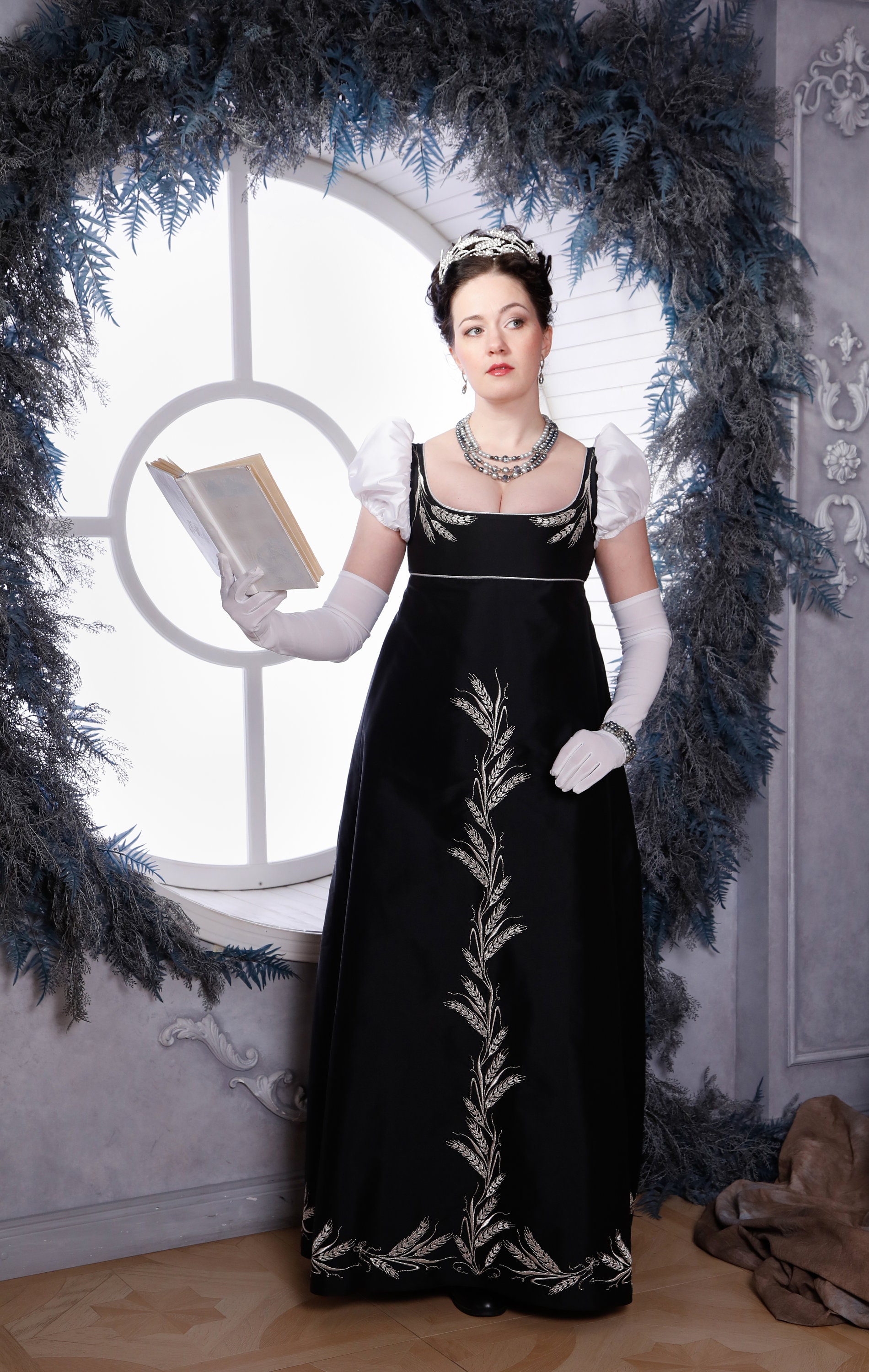 Regency black ball dress 1810s with embroidery. Empire Evening and ball gown.