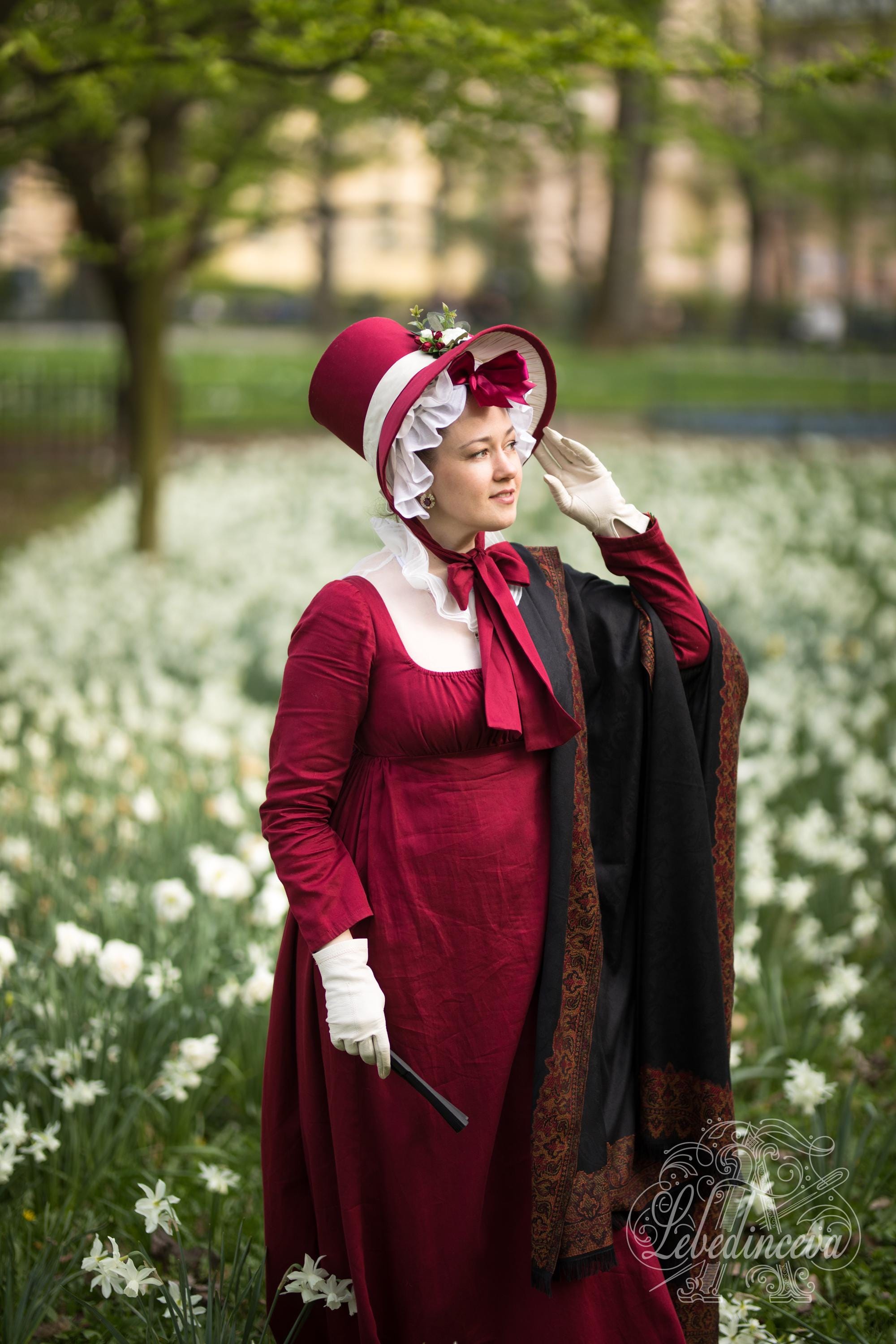 Burgundy cotton regency Walking dress 1800s. Empire tea gown. Jane Austin Walking Costume