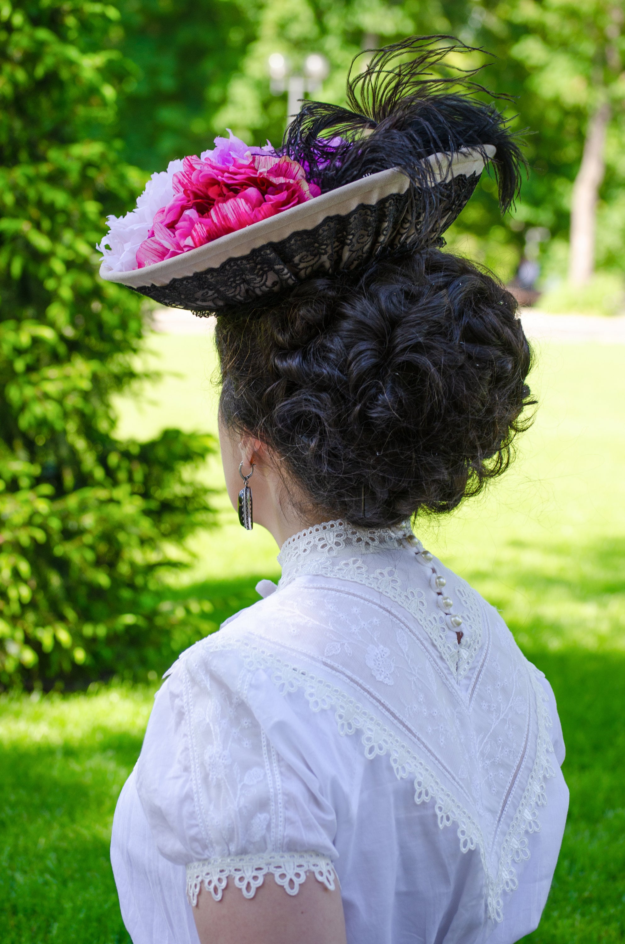 Ladies Victorian Touring Hat with Black Flowers and Tan Feather Ruffle Jewled Victorian Feather Hat - Etsy main image 2