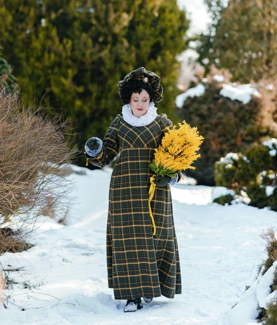 Plaid Regency Walking Gown: Warm Empire Style Day Dress