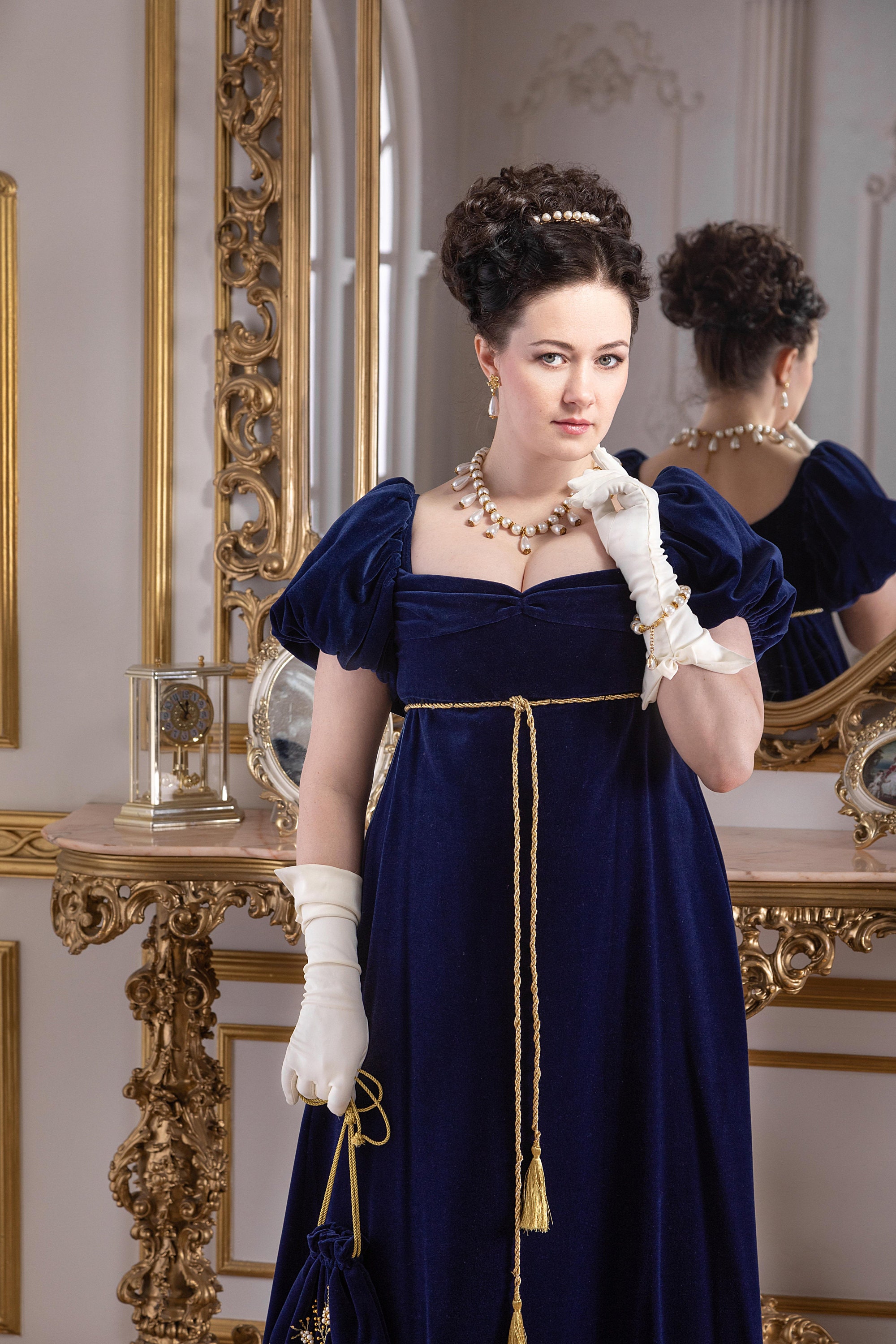 regency era blue dress Bridgerton Inspired Regency Era Sapphire Velvet Jacquard Dress
