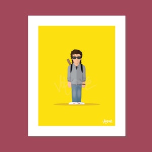May include: A cartoon illustration of a character wearing a grey jacket, blue jeans, and sunglasses, holding a baseball bat. The character is standing on a yellow background.