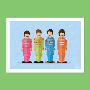 Puede incluir: Una ilustración digital de los Beatles con sus uniformes de Sgt. Pepper's Lonely Hearts Club Band. Los miembros de la banda están de pie en fila, de izquierda a derecha: John Lennon, Paul McCartney, George Harrison y Ringo Starr. El fondo es de color azul claro con letras de la canción "Sgt. Pepper's Lonely Hearts Club Band" impresas en blanco.