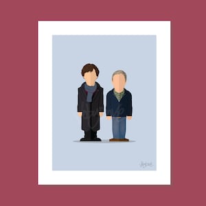 Puede incluir: Una ilustración digital de dos hombres de pie uno al lado del otro. El hombre de la izquierda lleva un abrigo azul oscuro, una bufanda azul claro y pantalones oscuros. El hombre de la derecha lleva una camisa a cuadros azul y verde, pantalones vaqueros azules y zapatos marrones.